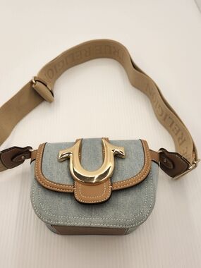 True Religion Light Blue Denim and Tan Mini Crossbody Bag